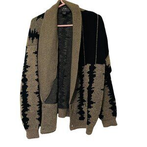 Vintage JON1E Cardigan Sweater Acrylic Knit Black Tan Patterned Size Large